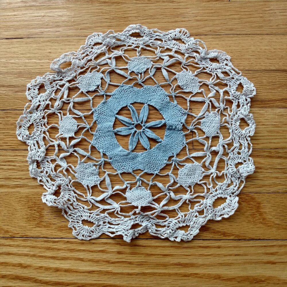 Vintage Doily Hand Crocheted with Blue Center Handmade Lacey